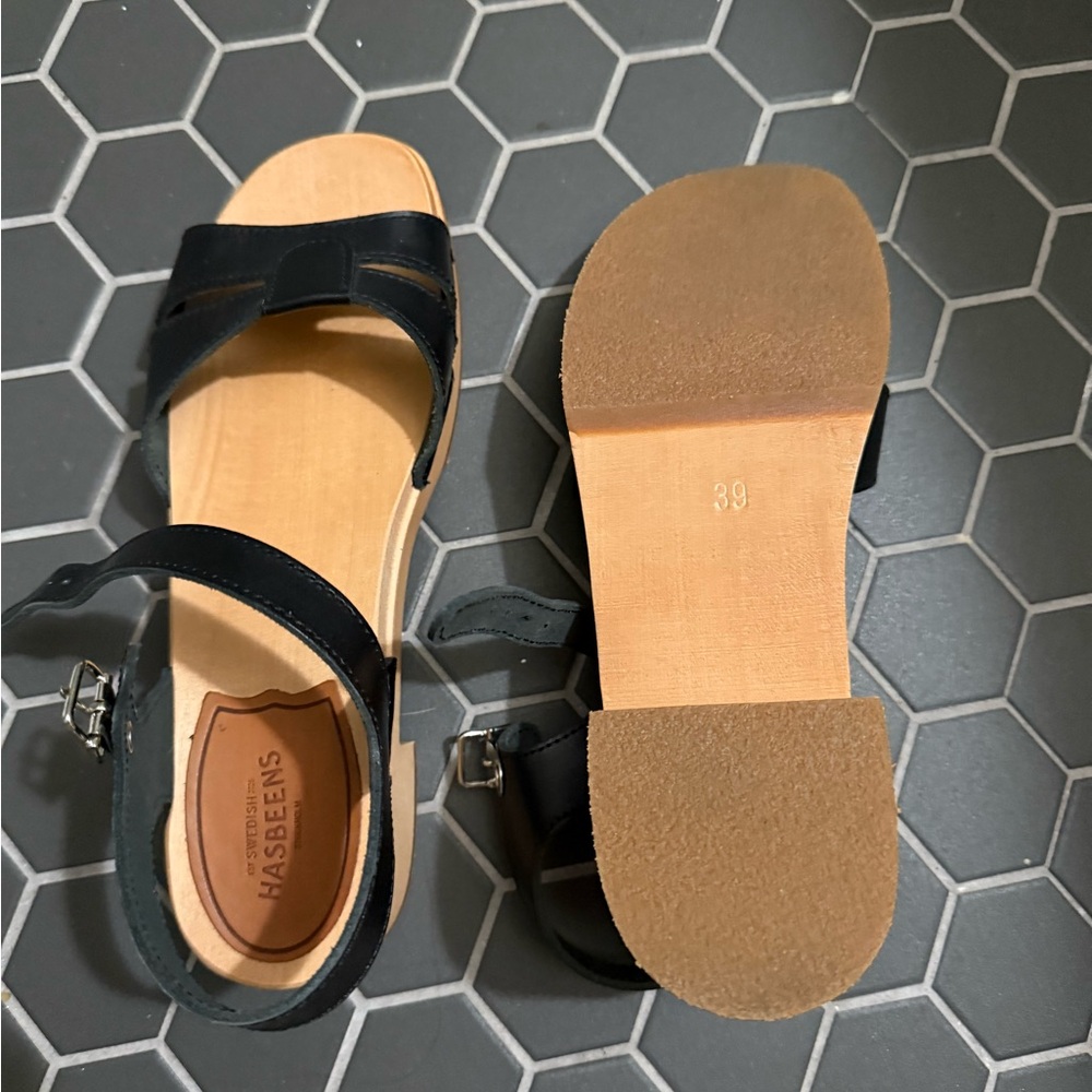 Swedish Hasbeens Black Leather Buckle Sandals